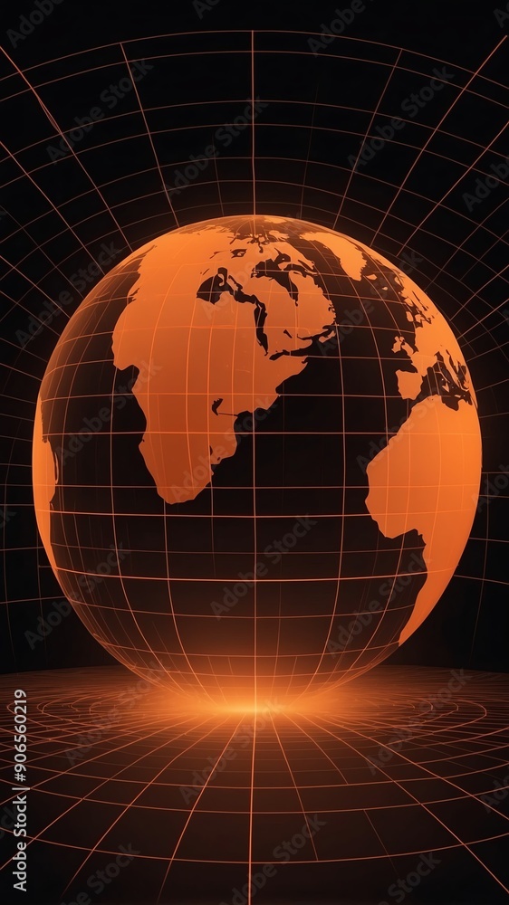 Poster orange hologram earth globe projection grid technology abstract background with copy space