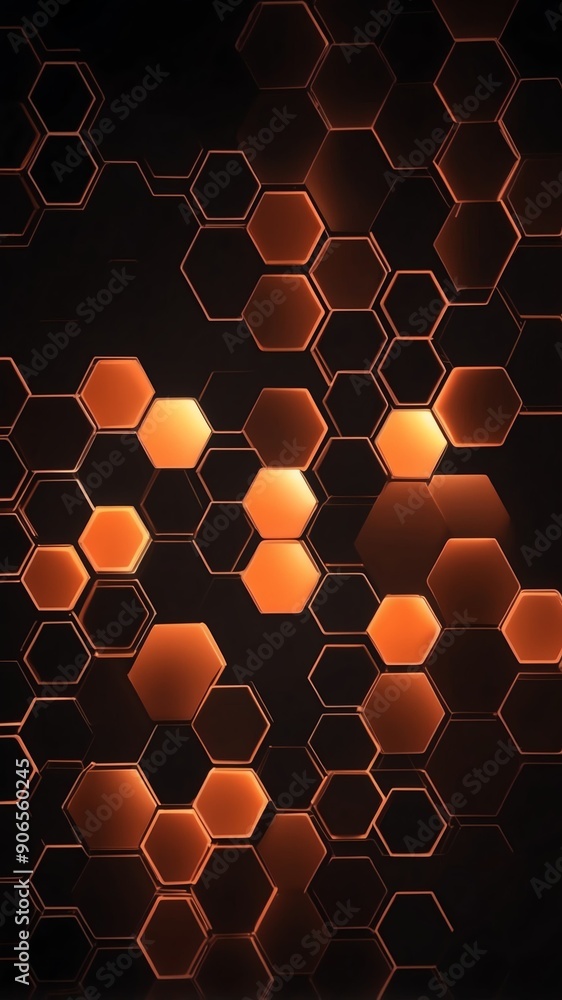 Poster orange hologram hexagon lights projection grid technol technology abstract background with copy spac