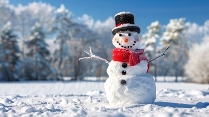 Obraz premium Snowman with a Red Scarf Standing in a Snowy Field on a Sunny Winter Day. Concept of Winter, Christmas, Snow, Frosty Weather, Seasonal Fun