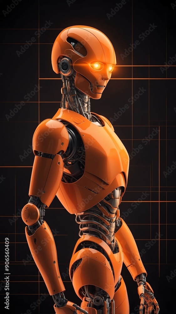 Poster orange hologram robot humanoid projection grid technol technology abstract background with copy spac