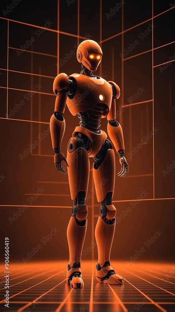 Poster orange hologram robot humanoid projection grid technol technology abstract background with copy spac