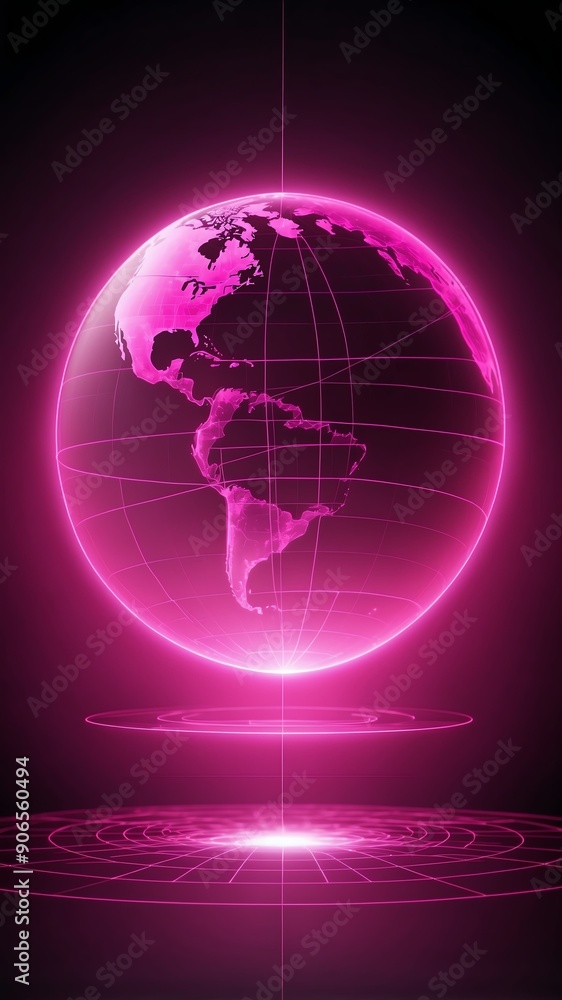 Poster pink hologram earth globe projection grid technology abstract background with copy space