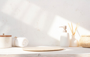 Beige empty stone podium featuring spa products on wooden table against abstract plaster wall background