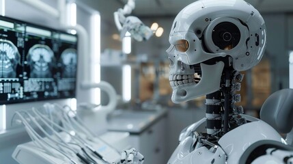 Robot dentist in a modern dental clinic using advanced technology and robotic precision for dental examination