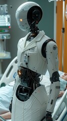 Medical robot in a hospital room attending to a patient lying in a bed, healthcare technology.