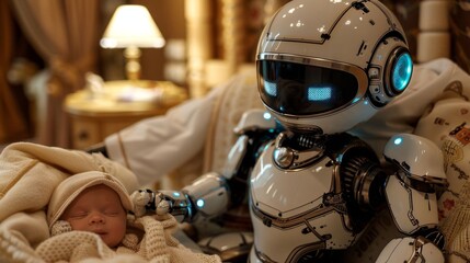 A robotic nanny tenderly watching over a peacefully sleeping baby in a cozy, dimly-lit bedroom at night.