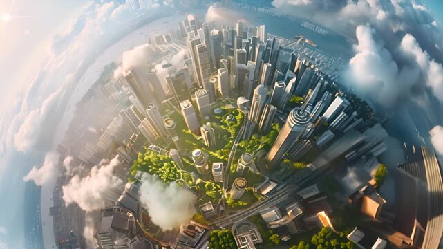 A photorealistic depiction of a thriving global business center on a vibrant blue planet, captured from a high vantage point.