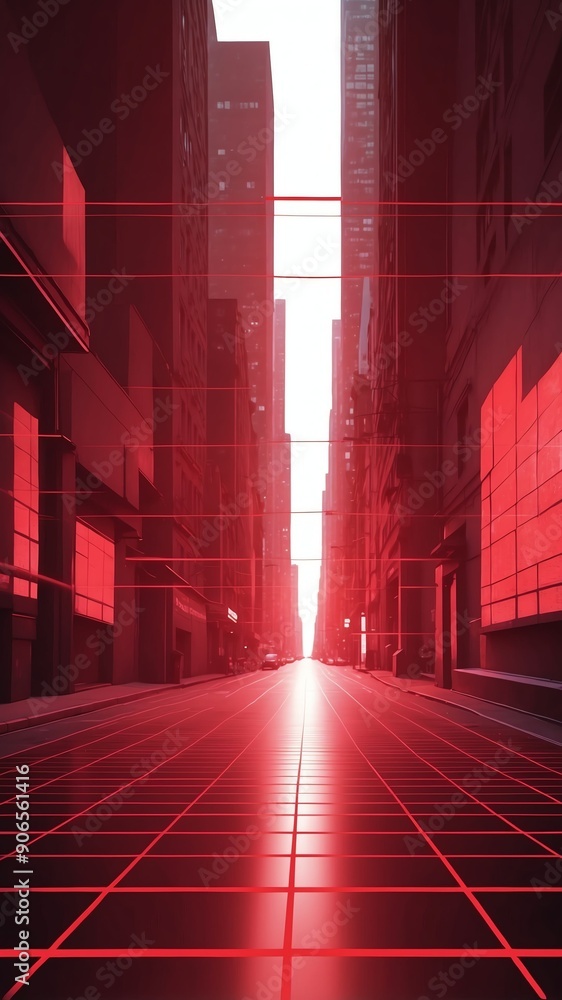 Poster red hologram street scene projection grid technology abstract background with copy space