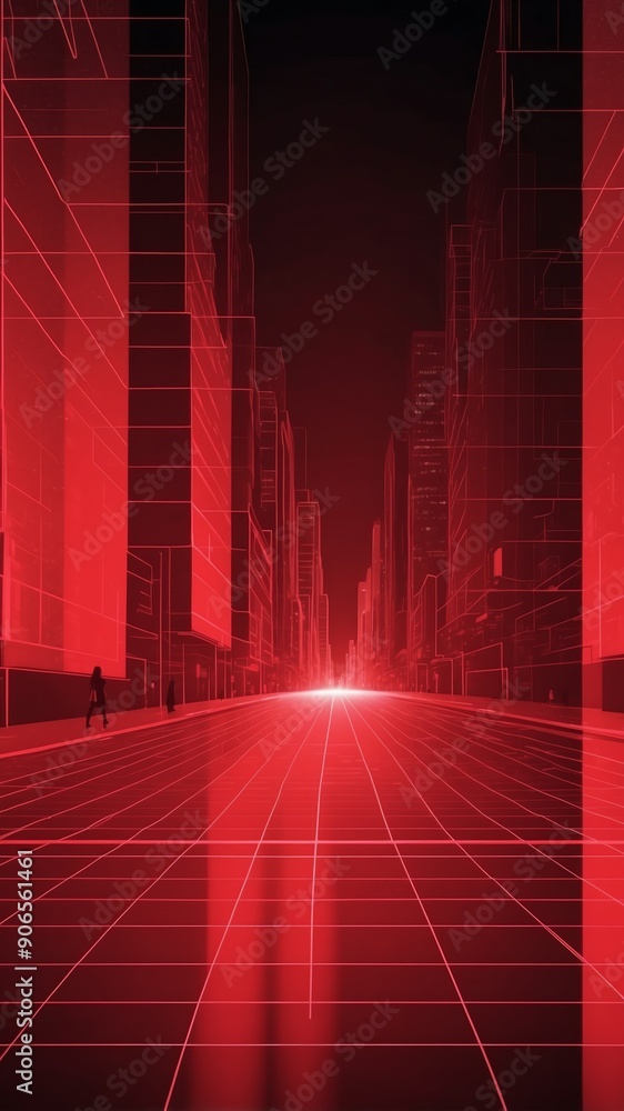 Poster red hologram street scene projection grid technology abstract background with copy space