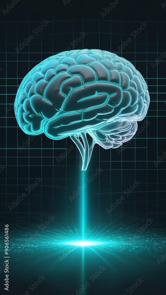 Poster teal hologram brain projection grid technology abstract background with copy space