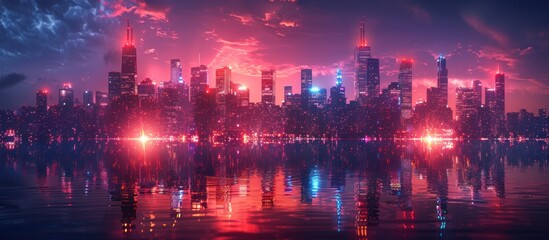 Obraz premium Cityscape with Neon Lights Reflected in Water