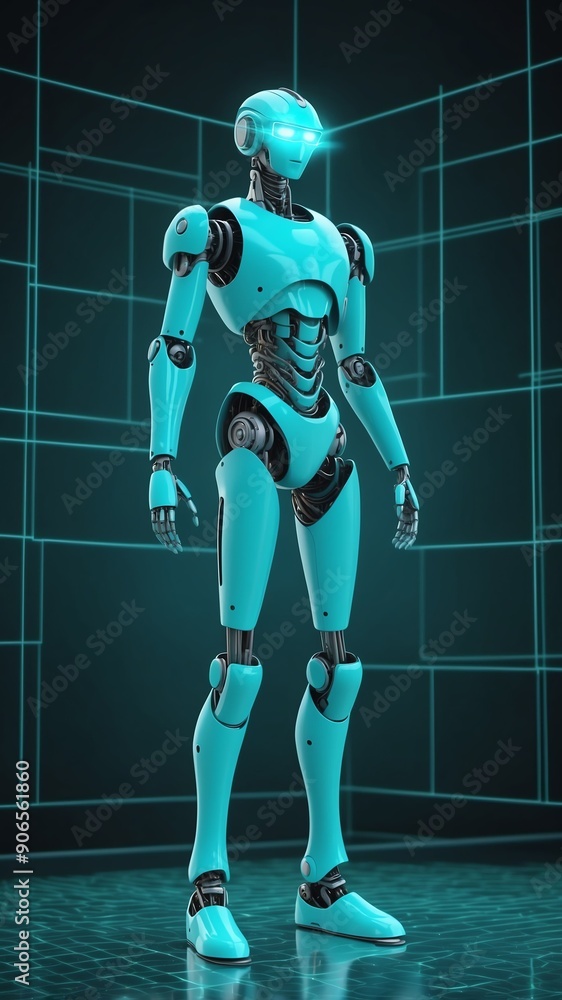 Poster teal hologram robot humanoid projection grid technolog technology abstract background with copy spac