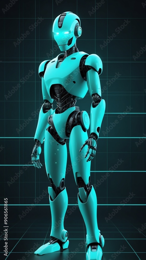 Poster teal hologram robot humanoid projection grid technolog technology abstract background with copy spac