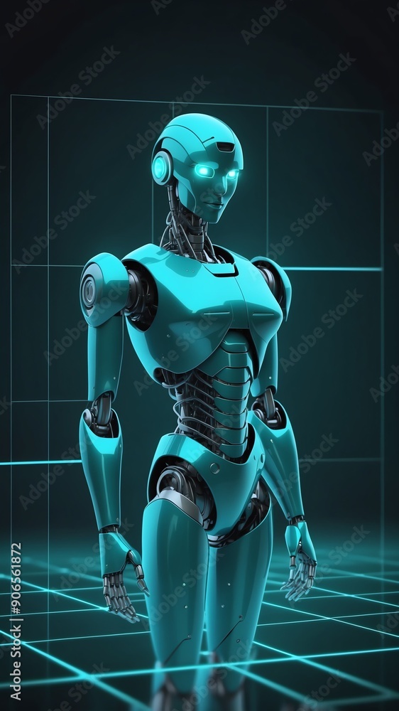 Poster teal hologram robot humanoid projection grid technolog technology abstract background with copy spac