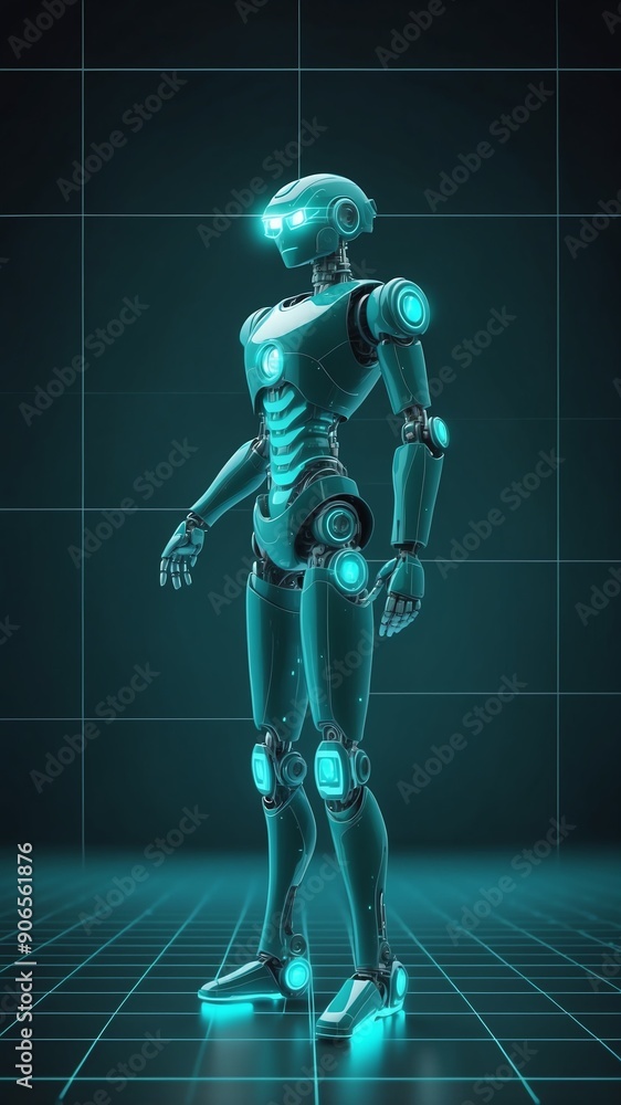 Poster teal hologram robot humanoid projection grid technolog technology abstract background with copy spac