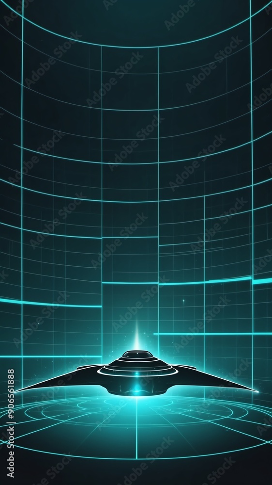 Poster teal hologram space ship projection grid technology abstract background with copy space
