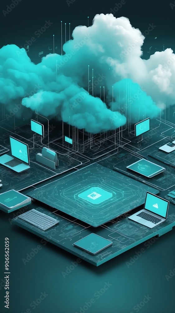 Poster teal theme cloud computing infrastructure concept tech technology abstract background with copy spac
