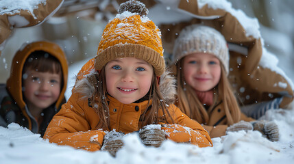 Three children are smiling and wearing winter clothes while laying in the snow. They are inside of a snow fort.