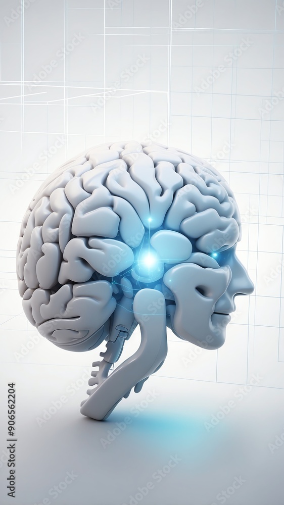 Poster white hologram brain projection grid technology abstract background with copy space