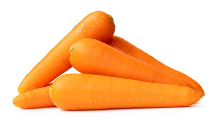 Side view of fresh orange carrots in stack isolated on white background with clipping path