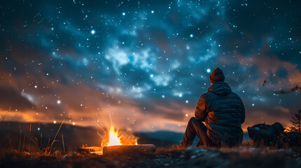 Campfire at night with a sky full of stars in background