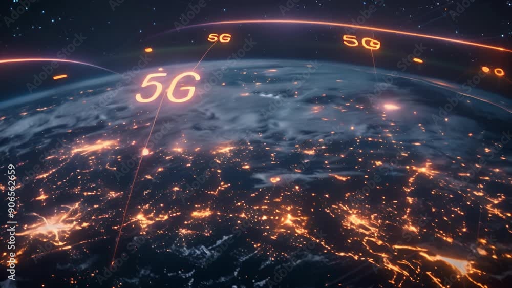 Poster A photorealistic depiction of 5G communication signals traversing the globe, visualized as a network of glowing lines and nodes against a dark background.