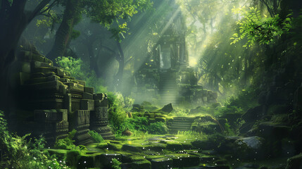 
A lush green forest path dappled with sunlight, leading to mysterious ancient ruins in the background.
