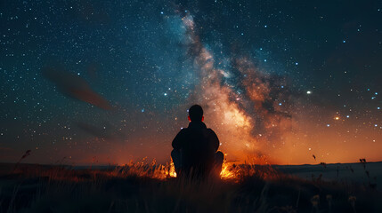 Campfire at night with a sky full of stars in background