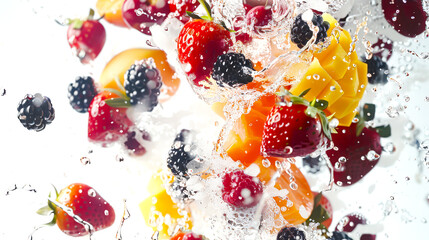 Detox of fresh ripe berries and fruits. Strawberries, blackberries and mango slices join together in the air with a splash of clean drinking water on a white background.