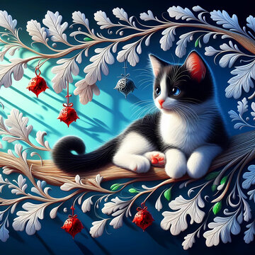 Black and white kittem on oak branch with silver leaves and rd xmas bells hanging winter cat art