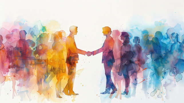 Colorful watercolor image of business professionals shaking hands over documents