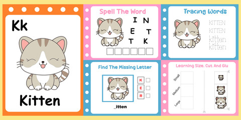 worksheets pack for kids a kitten vector.