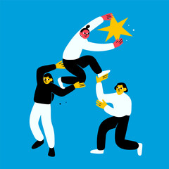 Group of happy people. Friends or coworkers supporting each other. Cartoon characters. Community, success, unity, friendship, teamwork concept. Hand drawn modern Vector illustration