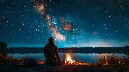 Campfire at night with a sky full of stars in background
