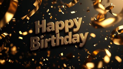 A luxurious "Happy Birthday" logo in gold, highlighted with golden ribbons and confetti on a dark background