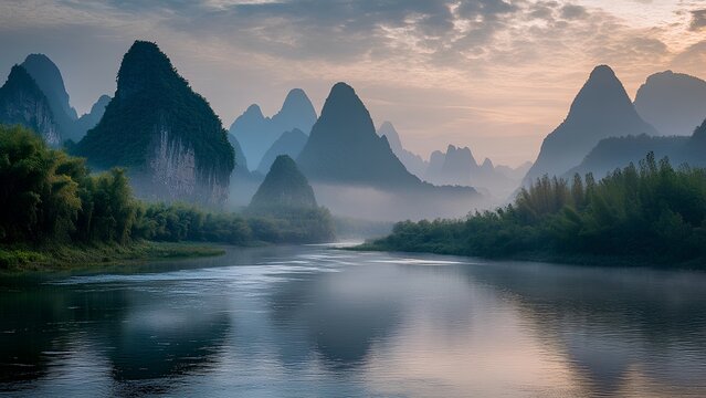 Majestic Landscapes: The Li River Near Yangshuo in Guilin, Guangxi Province, Chin