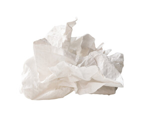 Side view of white crumpled tissue paper ball after use isolated with clipping path in png file format