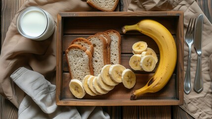 Fresh sliced banana fruit with bread breakfast closeup view