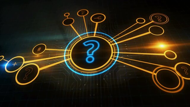 Question mark help and quiz symbol digital concept. Cyber technology and computer network background abstract 3d animation.
