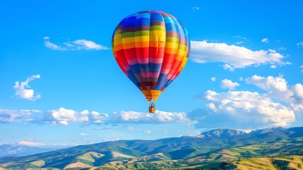 Obraz premium Colorful Hot Air Balloons Soaring Over Scenic Landscape with Mountains at Sunset. Concept of Adventure, Travel, Nature Exploration, Aerial View. Copy space
