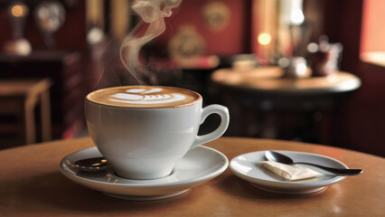 Fototapeta premium A cup of coffee with steam coming out on a saucer, AI