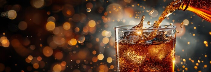 Inviting Close-up of Coke Beverage Pouring into a Glass on a Dark Background, Capturing the Essence of Refreshment