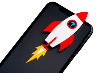 Rocket on cell phone screen, startup and technology concept, on transparent background PNG.