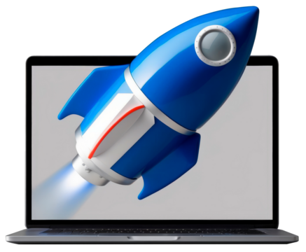 Rocket on laptop screen, startup and technology concept, on transparent background PNG. - Powered by Adobe