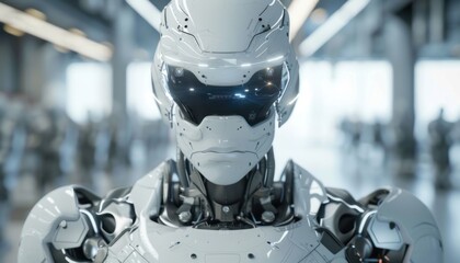 White Robot Standing in a Futuristic Factory