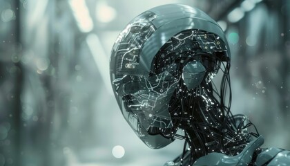 A Close Up View of a Robot's Head With Exposed Wiring in a Futuristic Setting