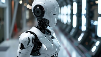 A White Humanoid Robot Stands In A Futuristic Setting