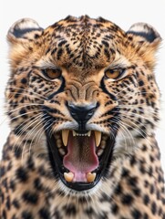 Obraz premium A close-up view of a leopard's face with its mouth open, suitable for use in wildlife or nature-related projects