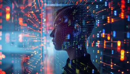 Profile of a Person With Digital Lines and Lights in Front of a Data Center