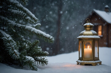 Brass Lantern with Candlelight in Snowy Forest with Pine Branches and Cozy Cabin Background